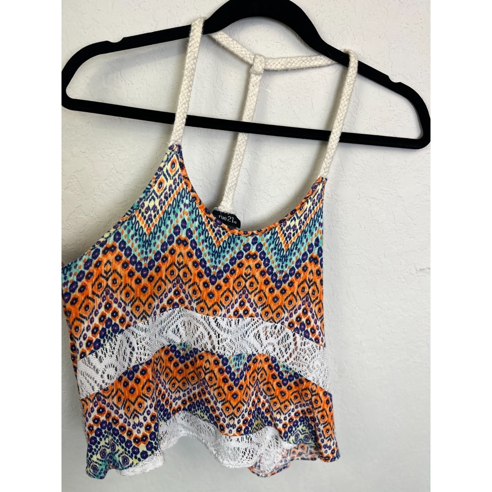 Rue21 Crop Top S Rope Racerback See Through‎ Lace Chevron Swing Hippie Festival